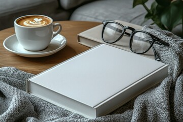 Poster - On a grey rug, a mockup of a blank book is displayed on a coffee table