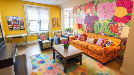 A colorful living room with a floral accent wall, two armchairs, a couch, a coffee table, and a rug.