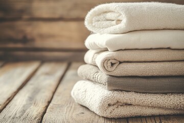 Aufkleber - Neatly folded towels in soft colors rest on a rustic wooden table, illuminated by warm afternoon light, creating a serene atmosphere. Generative AI