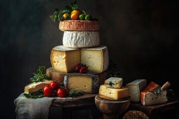 Poster - Still Life with Stack of Cheeses, Fruit, and Vegetables