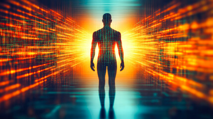 Poster - Depicts a human figure standing at the center of a brightly lit neon data tunnel, highlighting the harmonious blend of human existence within a digital landscape.