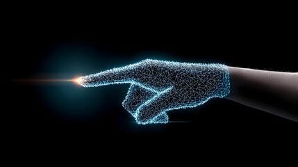 Poster - Businessman s Hand Reaching Out to Touch a Glowing Polygonal Hand on a Dark Blue Background Surrounded by a Warm Bokeh Glow Symbolizing the Concept of Digital Transformation and Innovation