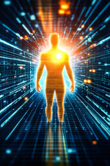 Poster - A digital human silhouette with radiant light and vibrant pixels, symbolizing technology and energy in a futuristic digital environment, glowing with energy.