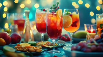 Poster - A festive table features colorful cocktails alongside various snacks and fresh fruit slices, creating a lively atmosphere for gatherings. Generative AI