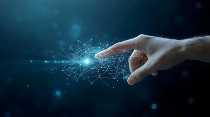 Poster - Digital Transformation Concept Featuring a Businessman s Hand Reaching Towards a Polygonal Hand on a Dark Blue Background with Glowing Bokeh Accents Symbolizing Innovation Progress and Future Growth