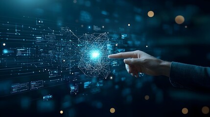 Poster - Futuristic digital connection concept with a businessman s hand reaching towards a polygonal hand shape set against a deep blue background with warm bokeh lighting effects symbolizing technology