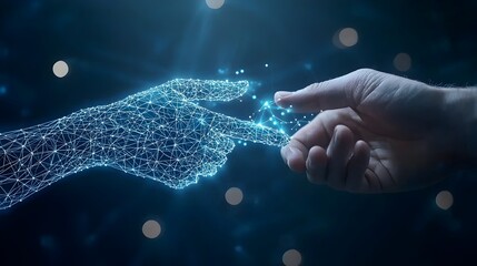 Poster - Futuristic digital connection with a businessman s hand reaching towards a polygonal hand set against a deep blue background with a warm bokeh light effect