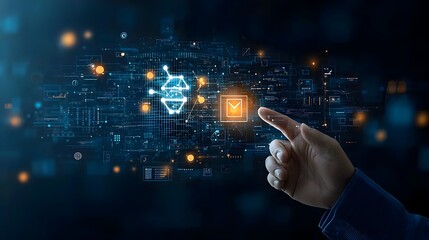 Poster - Businessman Pointing at Glowing Polygonal Hand on Dark Blue Tech Inspired Background with Warm Bokeh Lights Symbolizing Innovation and Future Possibilities