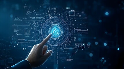 Poster - Businessman Pointing at Polygonal Digital Hand on Dark Blue Tech Inspired Background with Glowing Bokeh Representing Future Technology and Innovation