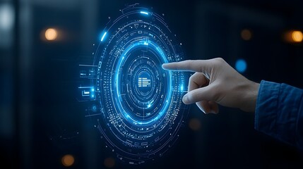 Poster - Businessman Pointing at a Polygonal Digital Hand on a Dark Blue Tech Inspired Background Surrounded by Glowing Bokeh Lights Representing the Future of Innovation and Technology in the Corporate World