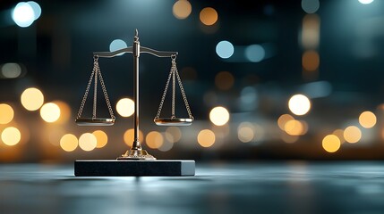 Leinwandbilder - Glowing scales of justice softly illuminated by warm bokeh light symbolizing fairness balance and the rule of law set against a dark minimalist background