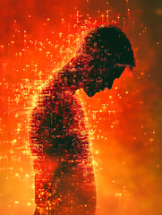 Poster - A vibrant human form disintegrates into glowing pixels, capturing the futuristic transition between corporeal existence and digital abstraction in modern art.