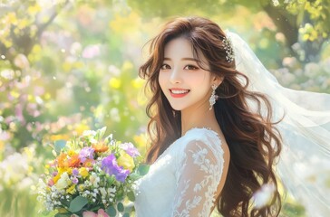 A beautiful Korean woman in a white wedding dress is smiling and holding a colorful bouquet of flowers