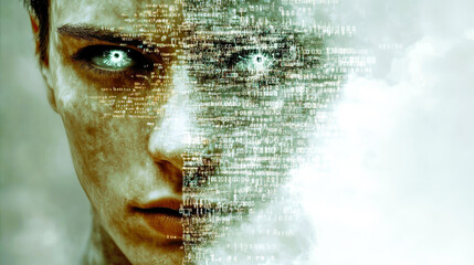 Poster - A face is embedded with binary code, radiating a futuristic gaze that emphasizes digital integration, creating a powerful statement of modern artistic innovation.