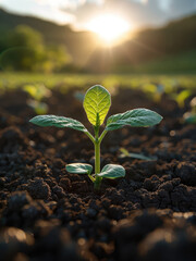 Poster - Sunlit sprout emerging from the soil, surrounded by a wide open field, with soft morning light streaming through the background.
