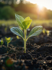 Poster - Sunlit sprout emerging from the soil, surrounded by a wide open field, with soft morning light streaming through the background.