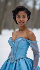 a stylish and elegant black teenager wears an ethereal blue fantasy gown with her hair styled retro-