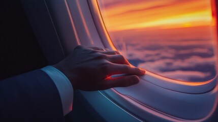 Canvas Print - A man is looking out the window of an airplane at a beautiful sunset