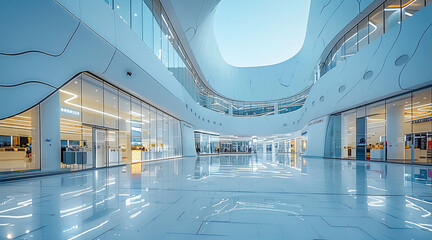 Poster - A luxury store in a spacious square with modern architecture, white wall display windows. Exterior.