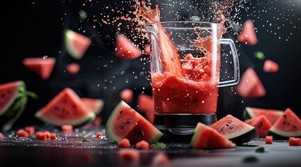 Aufkleber - A slice of watermelon fruit rests on the ground with splashes of watermelon juice coming out of a fruit blender.