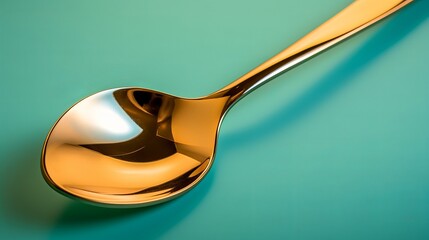 Poster - A golden spoon lies on a turquoise surface, showcasing its sleek design