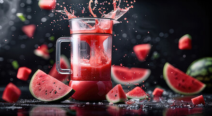 Aufkleber - A slice of watermelon fruit rests on the ground with splashes of watermelon juice coming out of a fruit blender.
