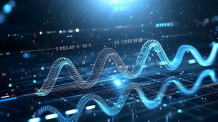 Poster - Mesmerizing digital waves and glowing particles effortlessly transitioning from a dark background to a bright luminous state symbolizing the seamless and flow of modern technology data