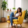 © Pixel Matrix - A radiant African American woman relaxes in a vibrant yellow armchair lighting up a modern airy living space overflowing with lush greenery