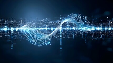 Aufkleber - Captivating abstract digital waves in glowing blue flowing seamlessly on a dark background with striking white accents representing advanced technology and infinite digital connectivity