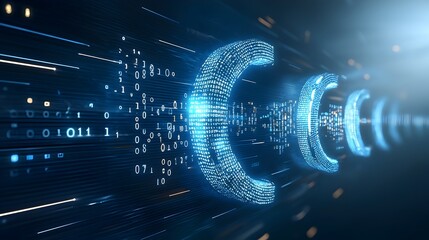 Poster - Glowing blue digital waves flowing on a dark background with white accents representing the concepts of advanced technology connectivity and digital innovation