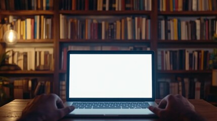 Poster - A person is using a laptop in front of a bookshelf