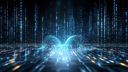 Poster - Mesmerizing digital artwork featuring dynamic blue waves with glowing particles seamlessly transitioning to a radiant white background