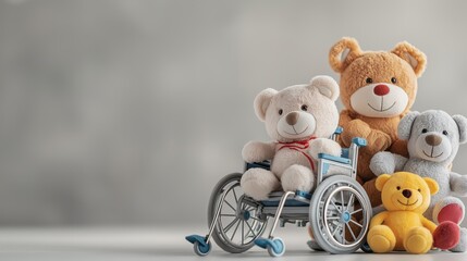 a cheerful group of plush toys, including a bear in a wheelchair, gathered together on a soft surfac