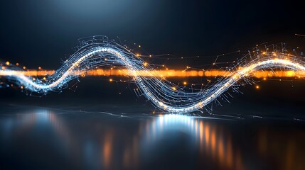 Poster - Glowing fluid waves of luminous particles flowing across a dark captivating background