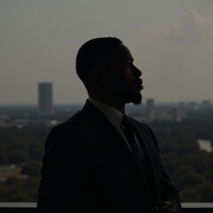 African-American male business professional silhouetted against modern backdrop