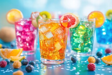 Aufkleber - Vibrant cocktails filled with colorful fruit slices and snacks set a lively tone for a summer celebration with friends. Generative AI