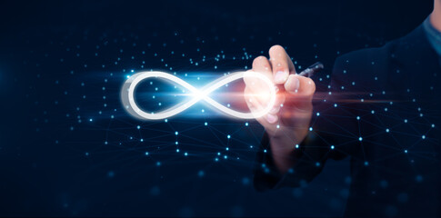 Leinwandbilder - Businessman drawing infinity symbol connection dots data technology, future limited to unlimited infinite sign resource power supply internet information usage vector illustration blue background
