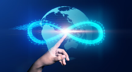 Leinwandbilder - Businessman pointing infinity symbol connection dots data technology, world cyberspace future unlimited infinite sign resource internet information limitless usage, vector illustration blue background