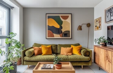 a modern living room with an olive green sofa, mustard yellow and terracotta-colored pillows on it, grey walls, a wooden sideboard, a geometric abstract painting hanging above the couch