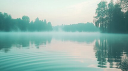 Poster - Soft mist blankets the calm lake, creating a peaceful atmosphere as gentle ripples disturb the tranquil water in the early morning. Generative AI