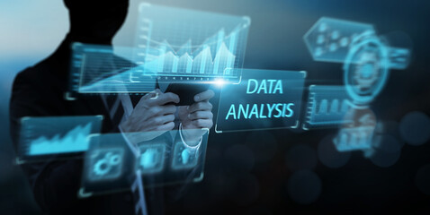 Leinwandbilder - Businessman using mobile phone analyzing data growth increasing sales, marketing, development, management, ideas innovation planning strategy, futuristic icon hologram blue background