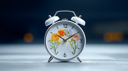 Poster - Alarm clock with delicate flowers representing the four seasons inside set against a minimalist dark blue and white background symbolizing clean energy sustainability and the cycle of nature