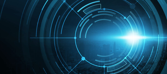 Leinwandbilder - Business city circle abstract blue banner background, cityscape modern futuristic technology concept with graphics illustration.