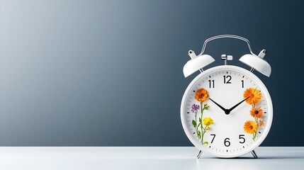 Poster - Creative clean energy concept featuring an alarm clock with flowers for each season displayed on a sleek dark blue and white background