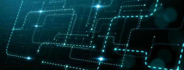 Fototapete - Digital futuristic machine learning artificial intelligence connection supercomputer big data technology concept, abstract blue background banner, graphical art illustration.