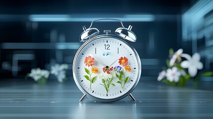 Poster - Sustainable Energy Symbolized by an Alarm Clock with Seasonal Flowers Set Against a Dark and White Futuristic Backdrop Representing the Changing Cycles of Nature and Technology