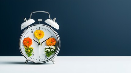 Poster - Conceptual depicting renewable energy and sustainability represented by flowers blossoming inside an alarm clock set against a minimalist dark blue and white background