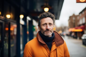 Wall Mural - Portrait of a middle-aged man in an orange jacket on a city street.