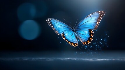 Leinwandbilder - Captivating image of a bright fiery butterfly with glowing blue wings captured in dynamic flight creating a mesmerizing and otherworldly visual effect against a dark mysterious background