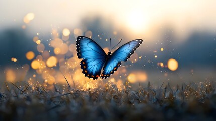 Poster - Vibrant blue winged butterfly captured in a mesmerizing midair encounter surrounded by bright flames and dynamic energy creating a captivating and ethereal scene